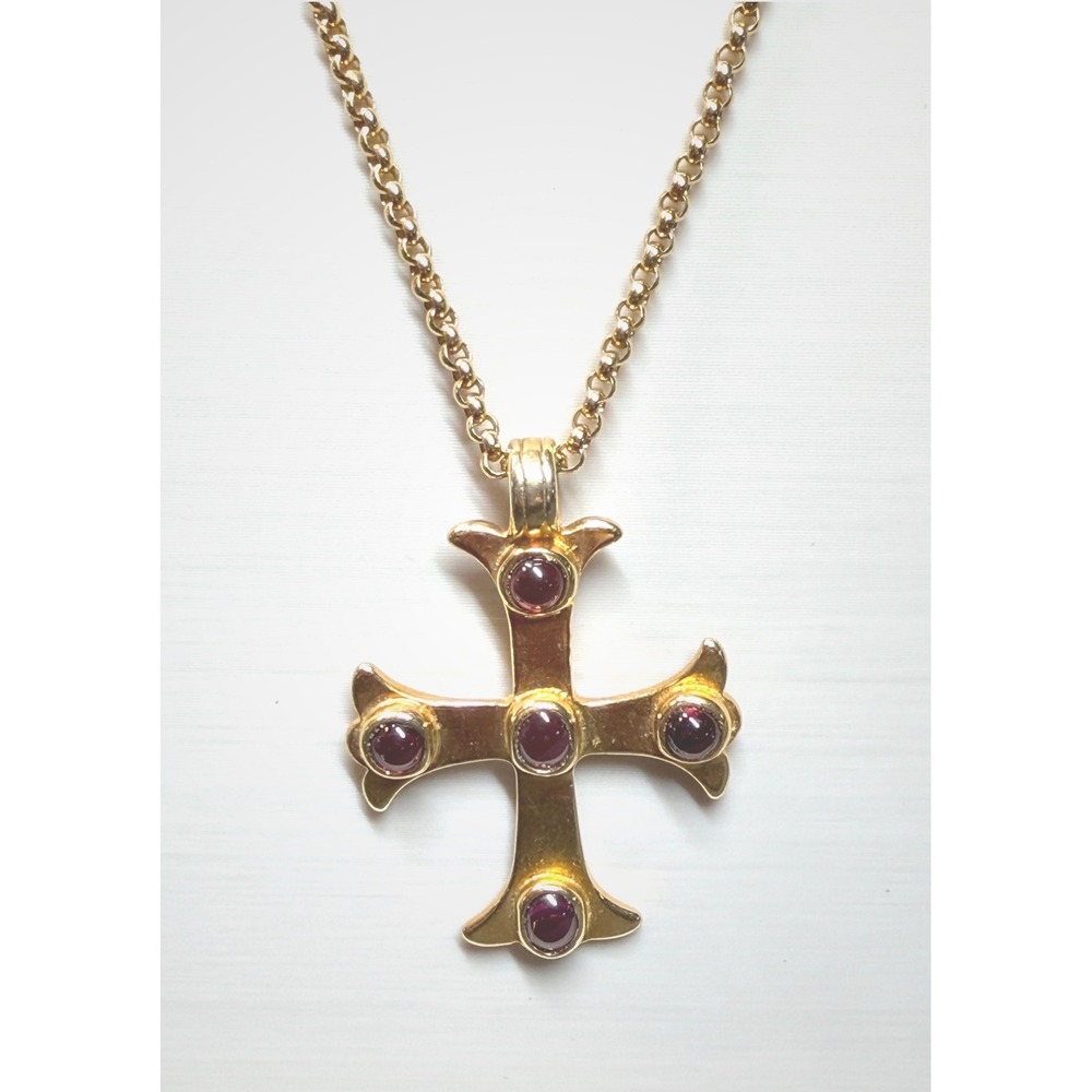Michael E Minden Vintage Sterling Silver Garnet Byzantine Cross Pendant Necklace